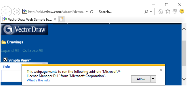 Internet Explorer 11's ActiveX prompt on Windows 10.