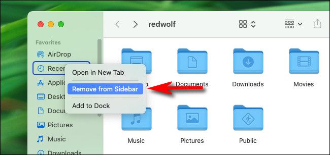 Right-click "Recents" in a Finder window and select "Remove from Sidebar."
