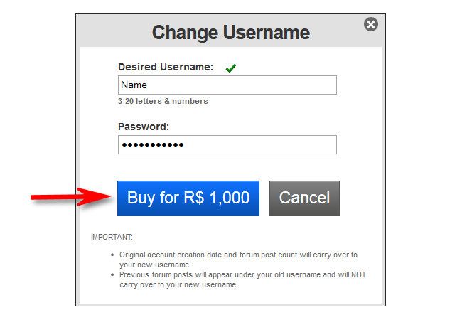 Click "Buy" to purchase your username change in Roblox.