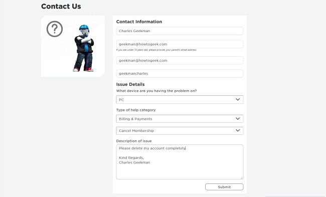 Roblox's Online Customer Service Form