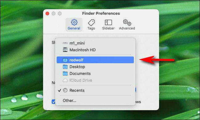 In Finder Preferences, select a new default Finder window location from the menu.