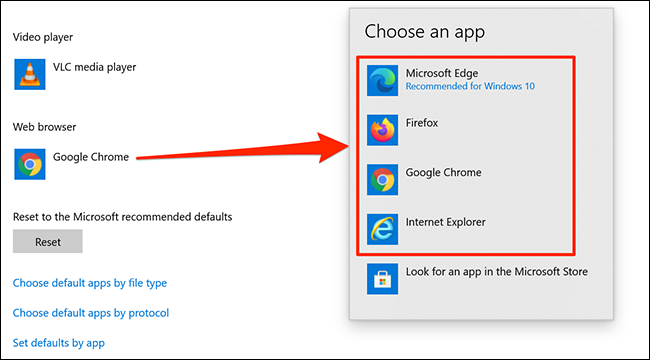Set the default browser on Windows 10