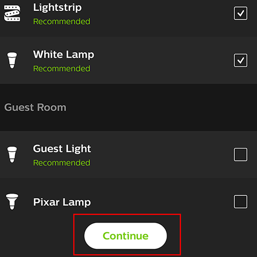 Select the lights you'd like to use, then tap "Continue"