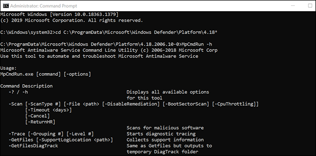 View all the Microsoft Defender Antivirus commands