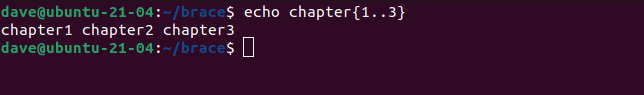 echo chapter{1..3} in a terminal window