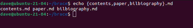 echo {contents,paper,bilbiography}.md in a terminal window