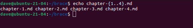 echo chapter-{1..4}.md in a terminal window