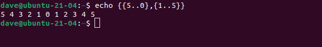echo {{5..0},{1..5}} in a terminal window