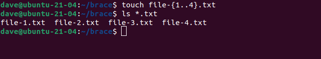 touch file-{1..4}.txt in a terminal window