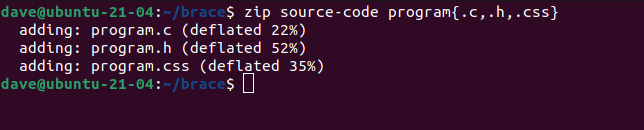 zip source-code program{.c,.h,.css} in a terminal window