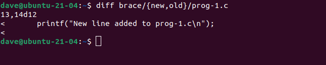 diff brace/{new,old}/prog-1.c in a terminal window