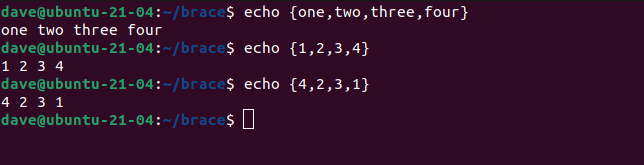 echo {one,two,three,four} in a terminal window