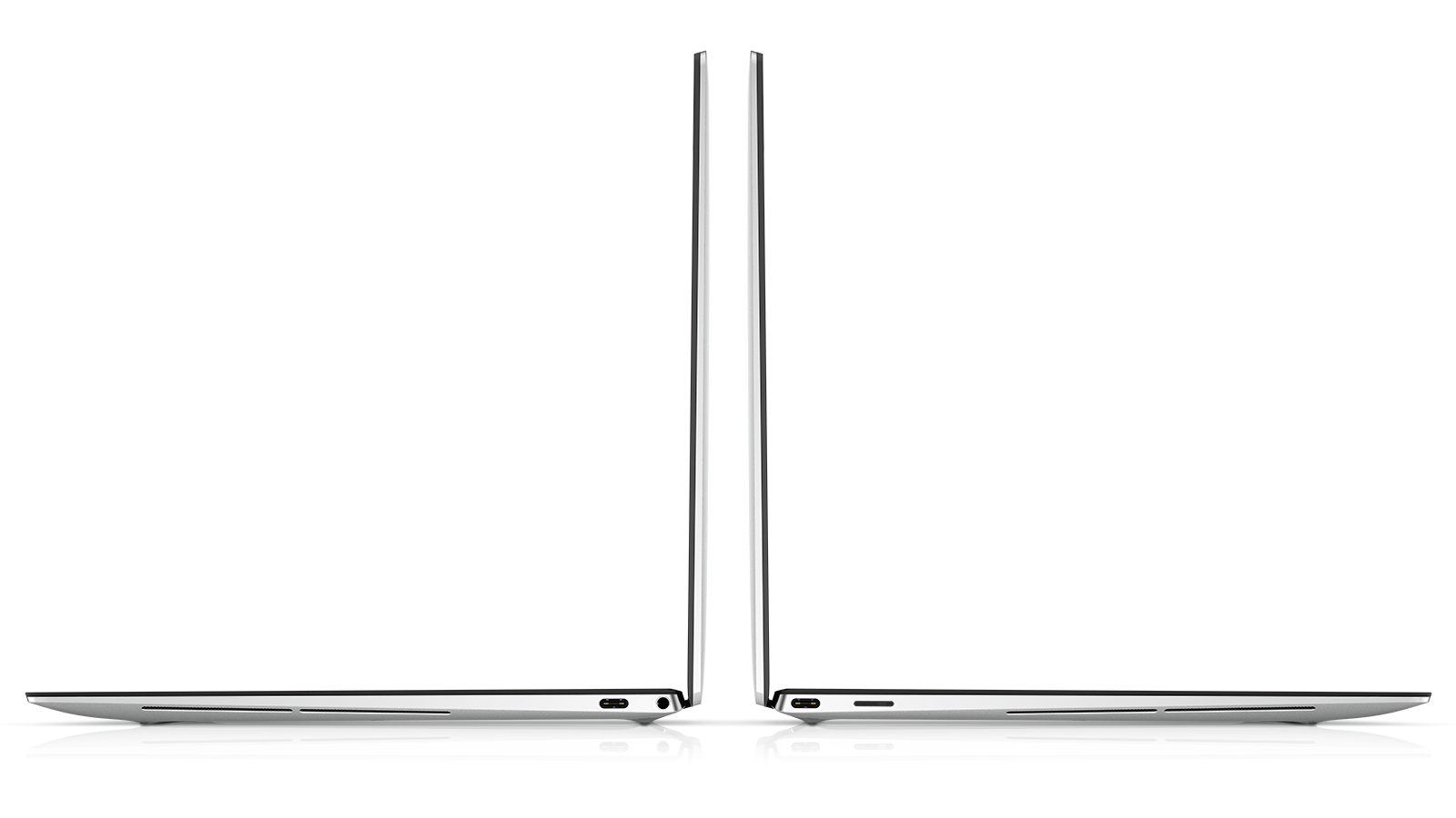 Left-side and right-side view of new Dell XPS 13 laptop, with view of ports and 3.5mm headphone jack