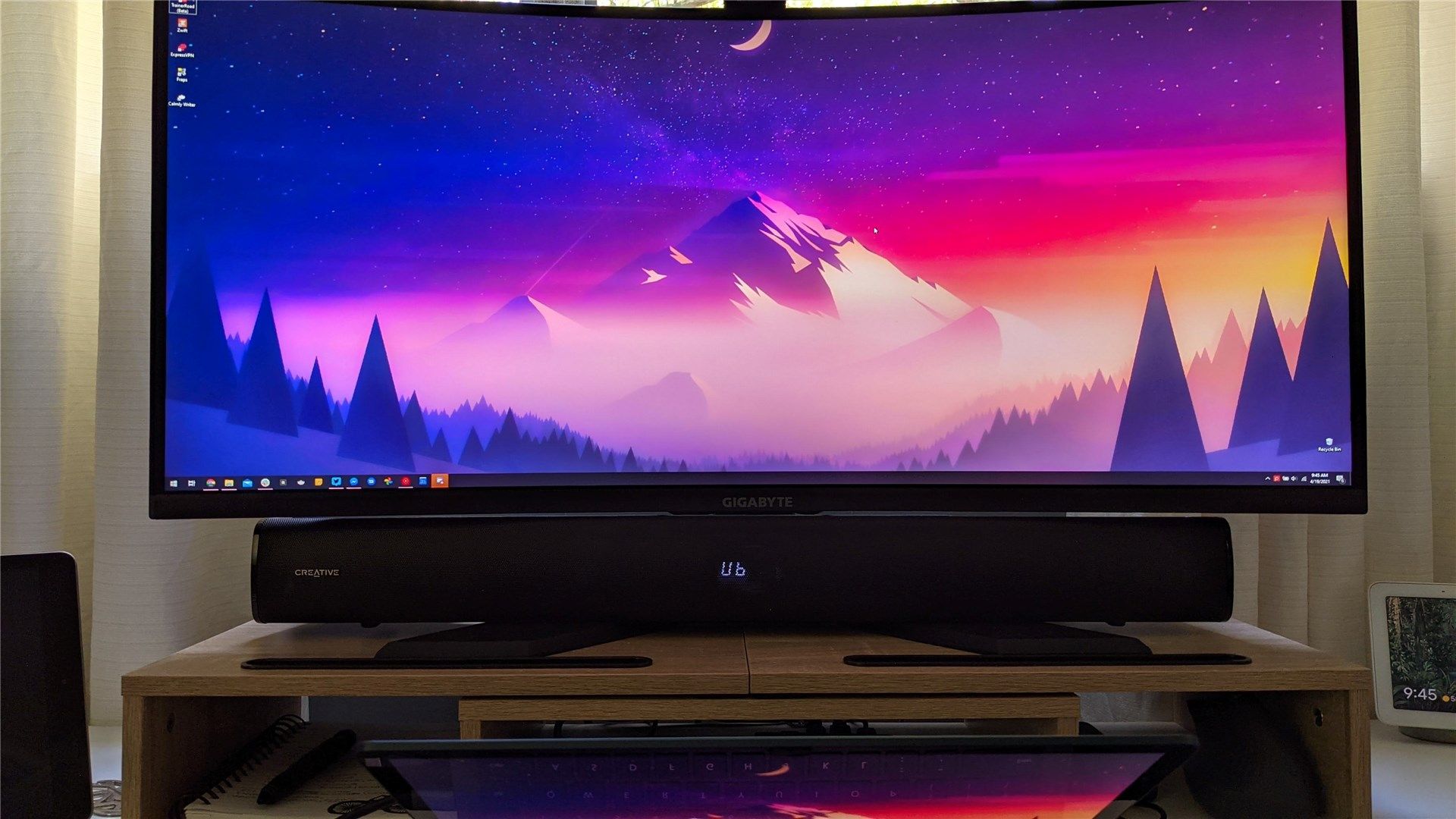 The Creative Stage v2 under a Gigabyte 34 inch ultrawide monitor