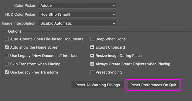 resetting photoshop defaults