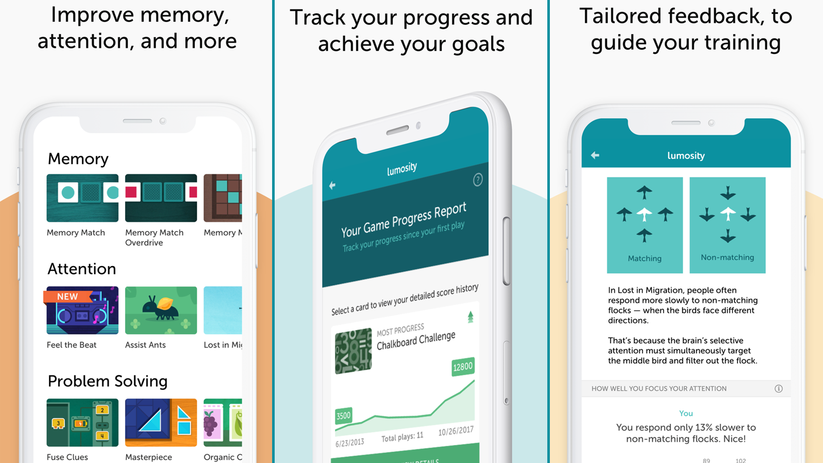 Lumosity app with brain training options and progress tracking features