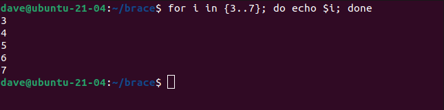 for i in {3..7}; do echo $i; done in a terminal window