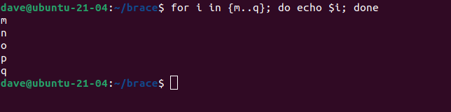 for i in {m..q}; do echo $i; done in a terminal window