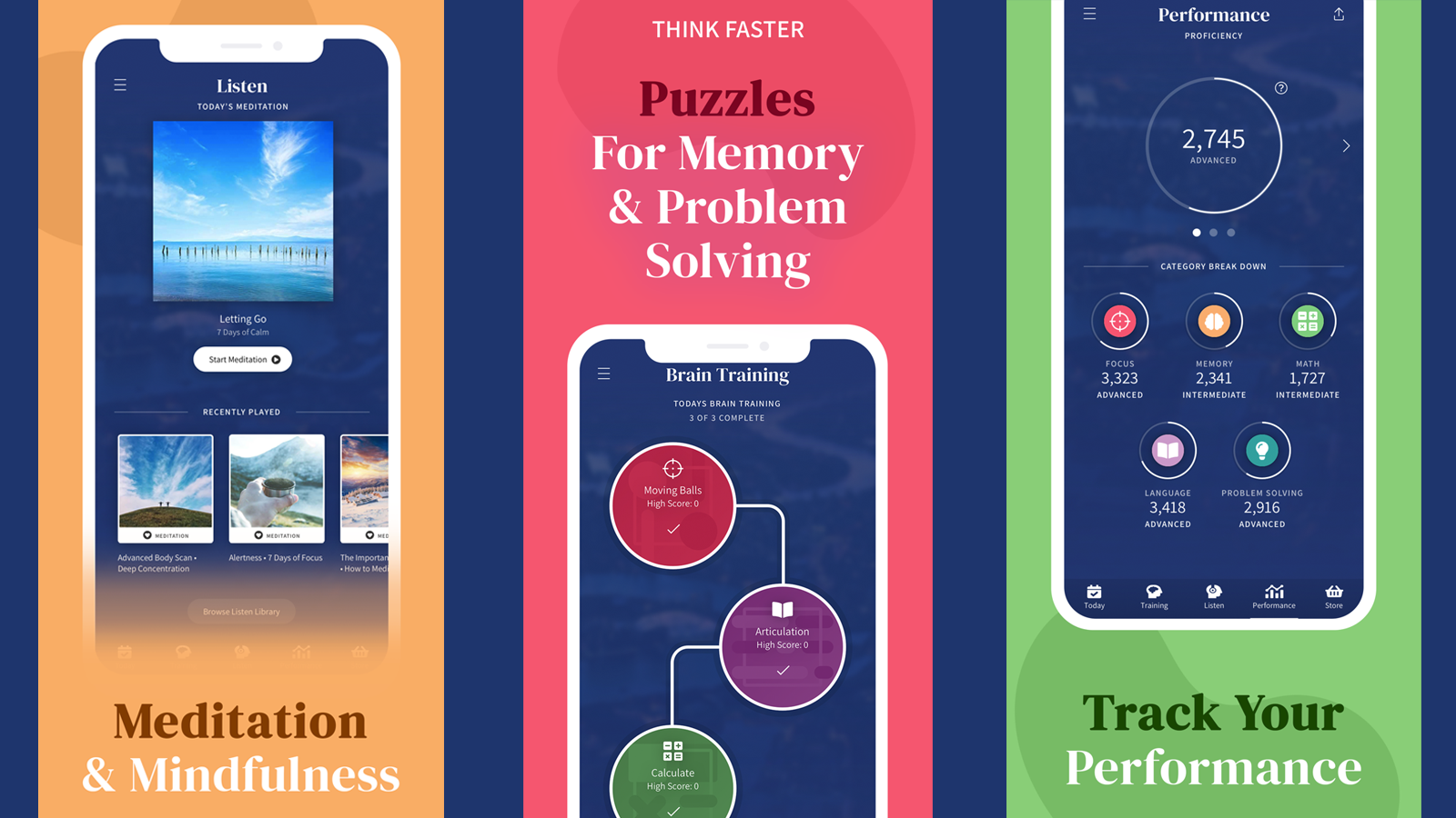 Focus Factor Brain Hub app with games, meditation, and tracking options