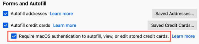 Check the box to authenticate autofill for credit cards