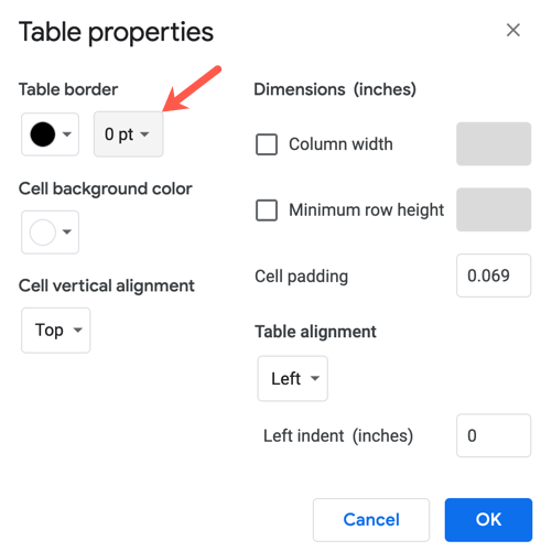 Choose 0 pt for the table border