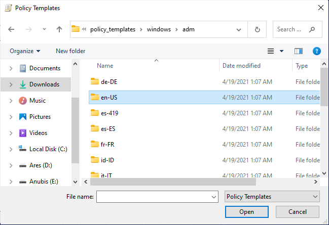 Chrome ADM Policy folder on PC