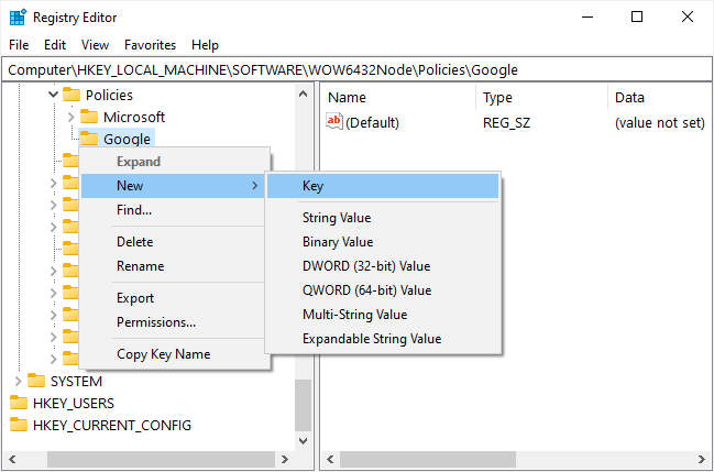 Make new Chrome subkey in the Registry Editor