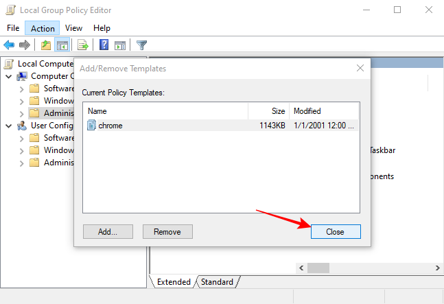 Chrome Policy Template selection in the Group Policy Editor