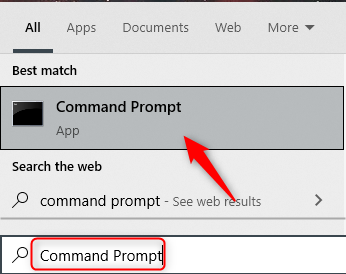 Command Prompt search result in Windows 10