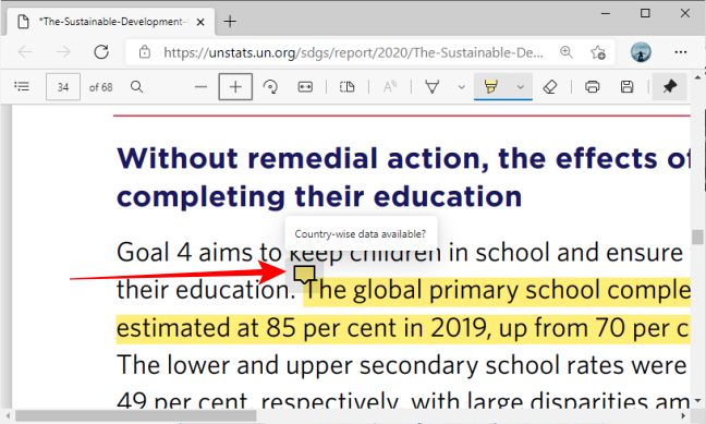 Comment Bubble Hover card in Microsoft Edge for PDFs