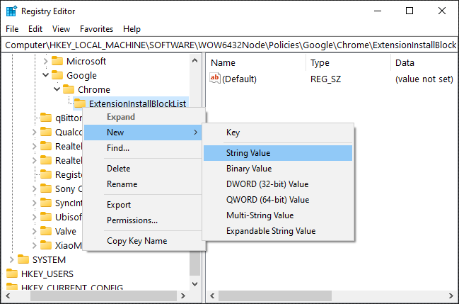 Add new String Value to ExtensionInstallBlocklist subkey
