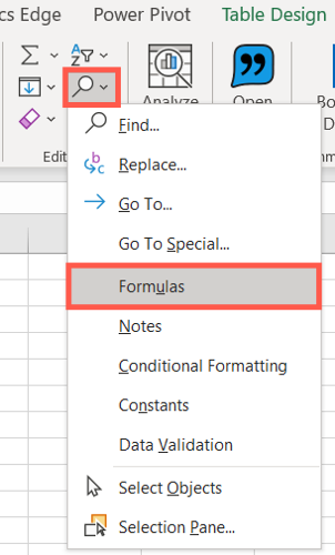 Go to the Home tab, click Find & Select, choose Formulas