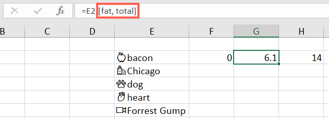 Data details in the formula bar