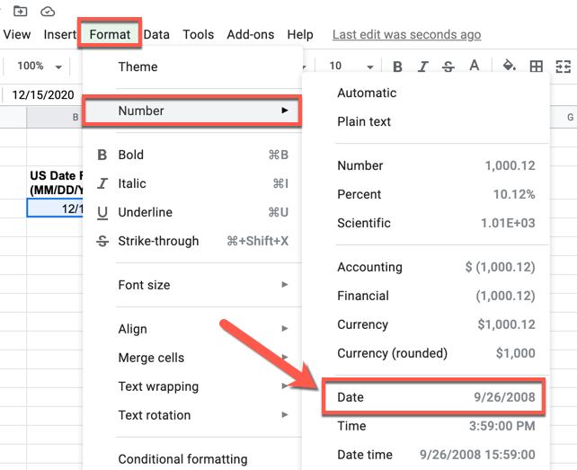 To set any existing date values to match the new date formatting, select the cells, then press Format &gt; Number &gt; Date to apply the new date format.