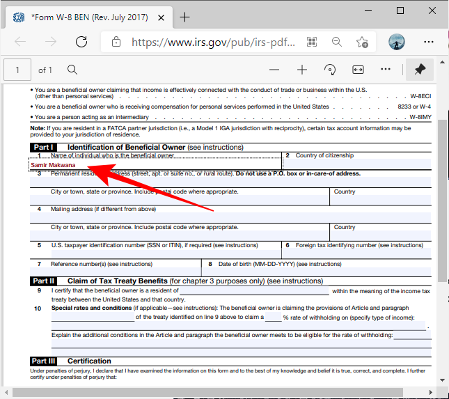 Highlighted Boxes PDF form in Microsoft Edge