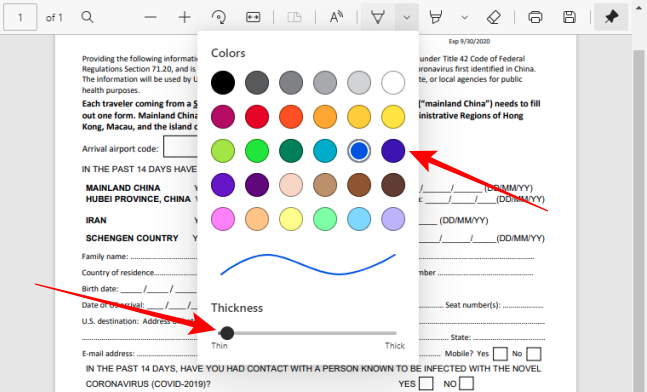 Pick color and adjust thickness for the pen tool in PDF Toolbar in Edge