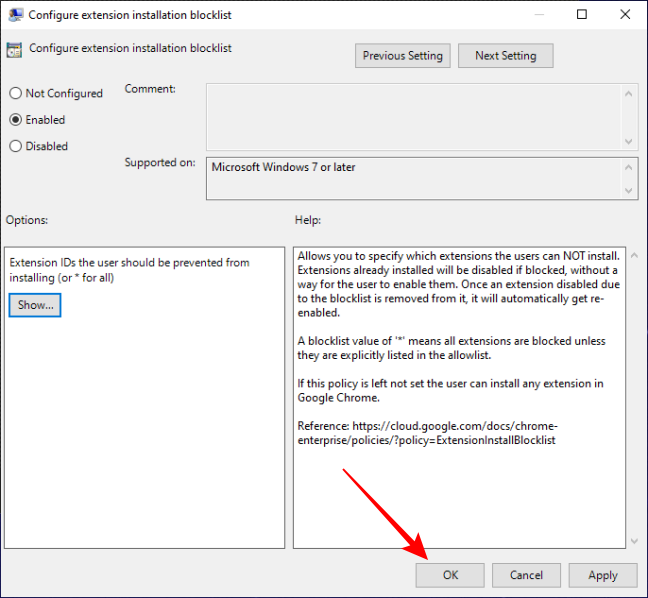 Save Settings for Configure Extensions installation blocklist