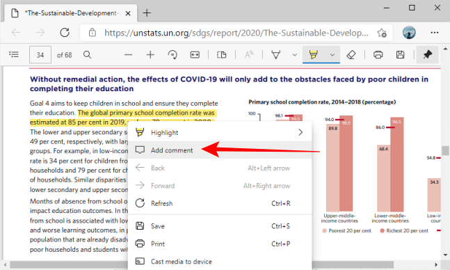 Select Add Comment Option for highlight in Microsoft Edge