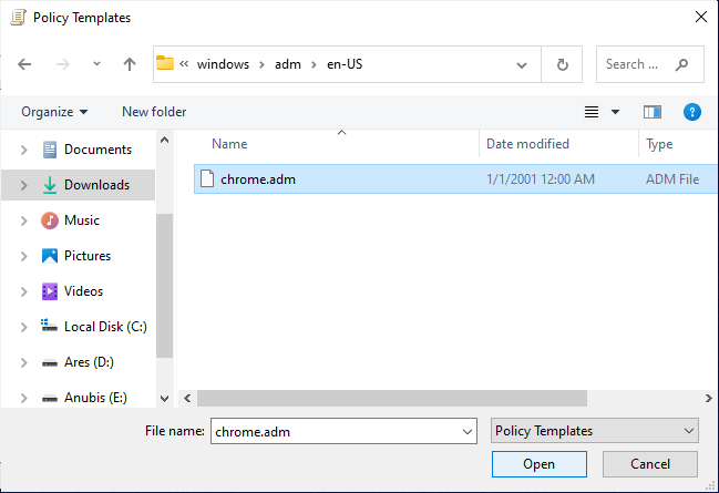 Select the Chrome adm file from PC
