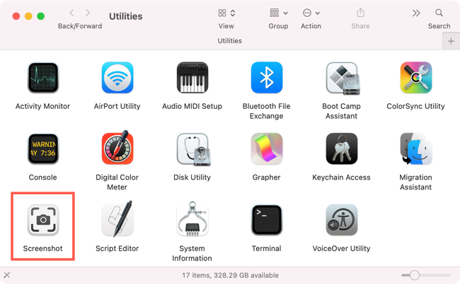 Utilities folder Screenshot app on Mac