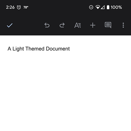 The light theme enabled for a document when the Google Docs app has the dark theme enabled. 