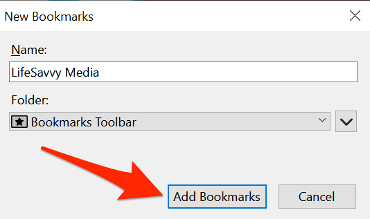 Click "Add Bookmarks" on Firefox's New Bookmarks window