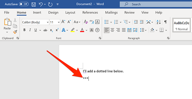 Add three asterisk in a new document on the Word window