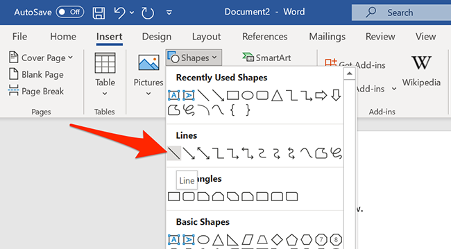 Add a line from the Shapes menu on the Word window