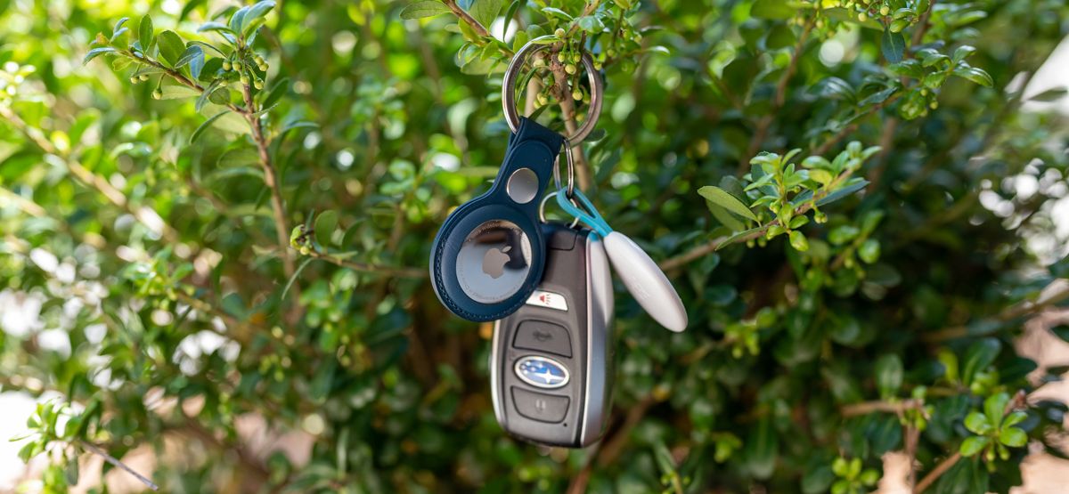 Apple AirTag Key Ring hanging on plants