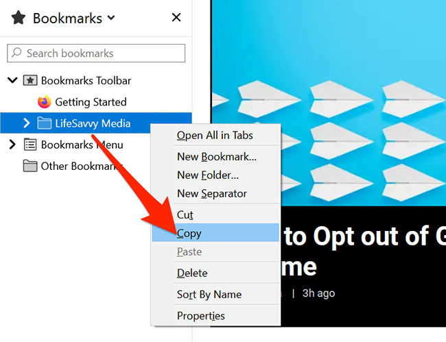 Right-click a bookmarks folder and select "Copy" in Firefox