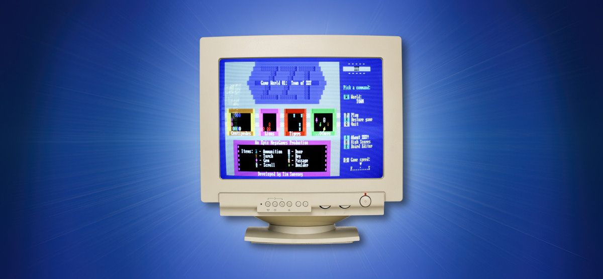 A CRT computer monitor on a blue background