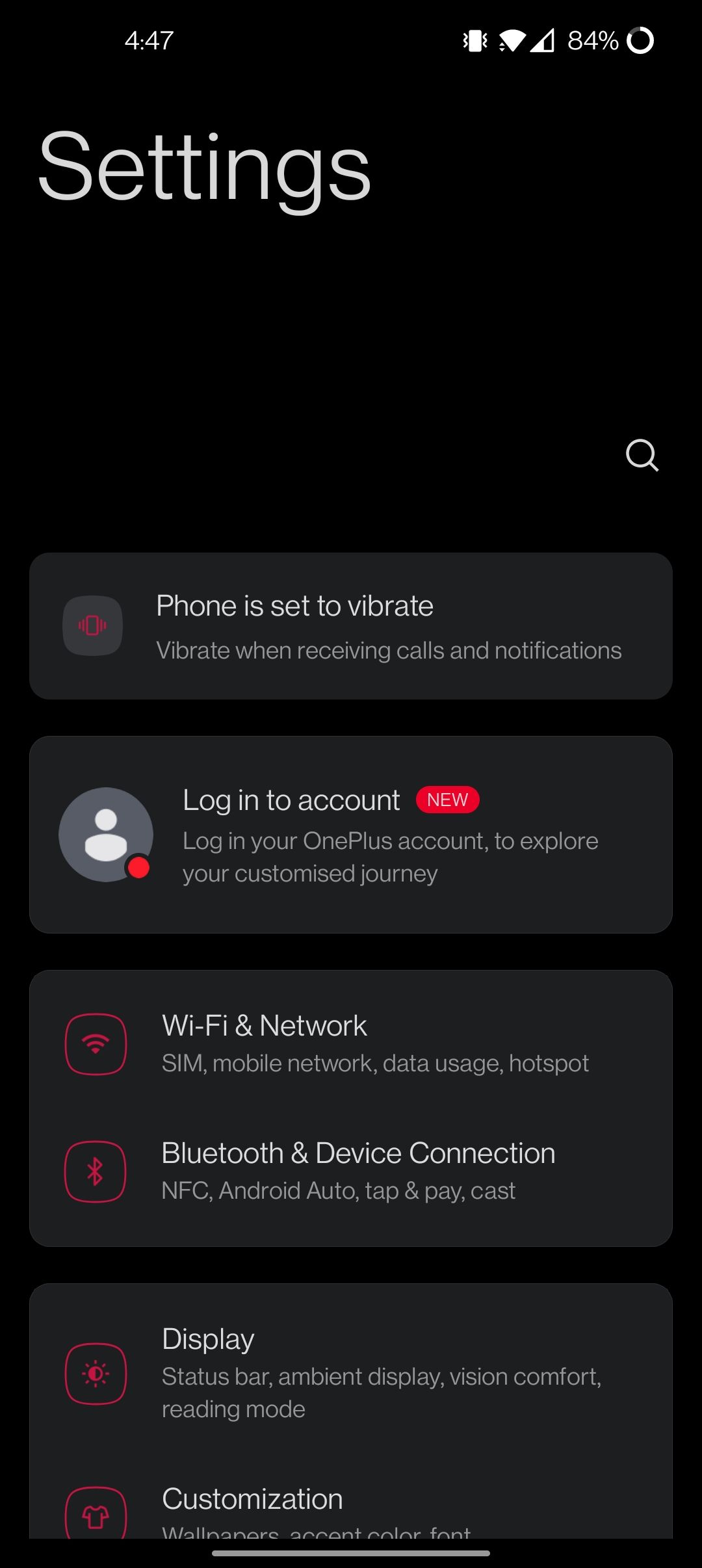 The OnePlus 9 Pro's setting menu