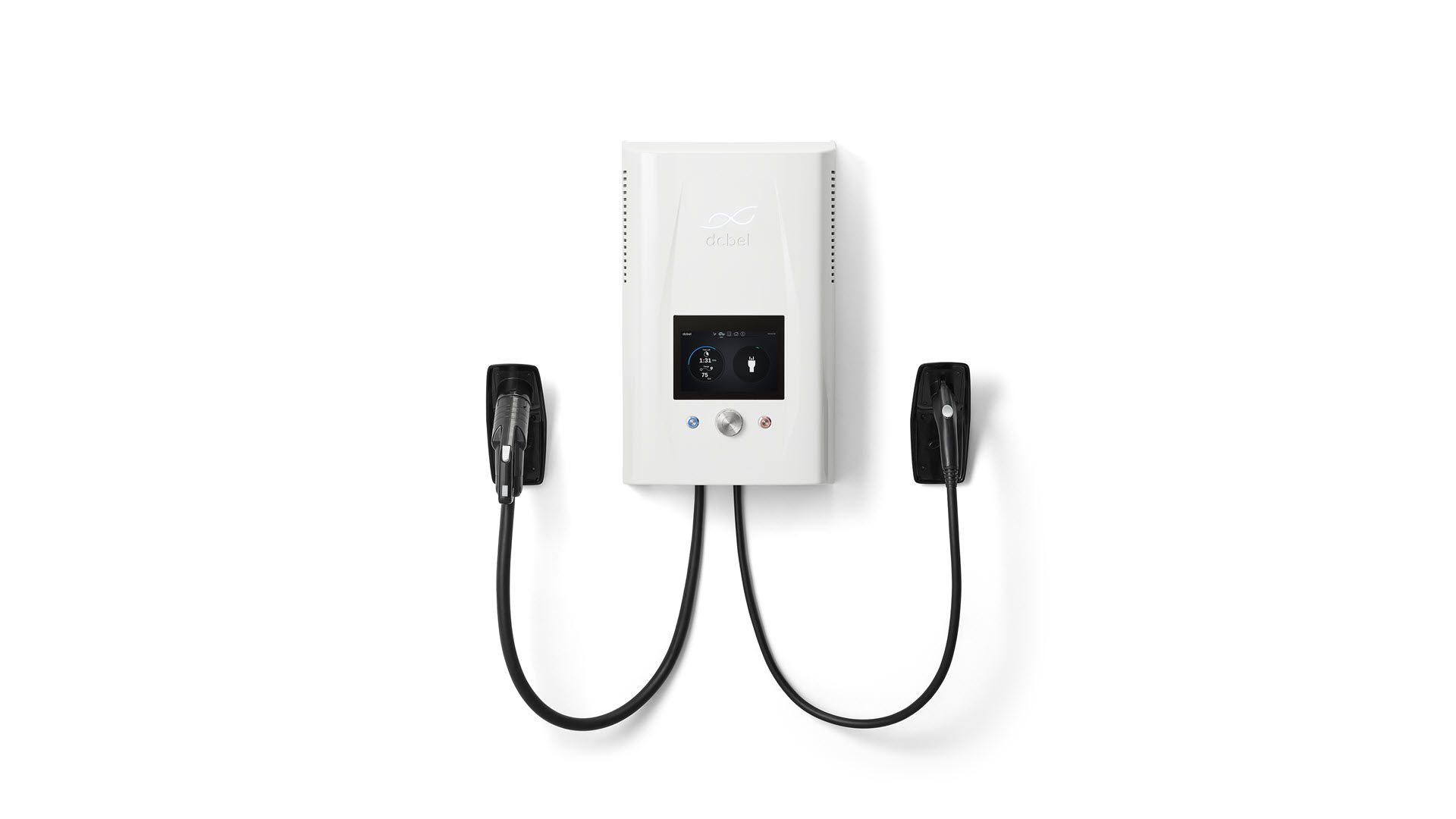 A white EV charger on a wall.
