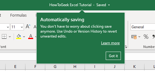 A pop-up that confirms that your workbooks are being automatically saved